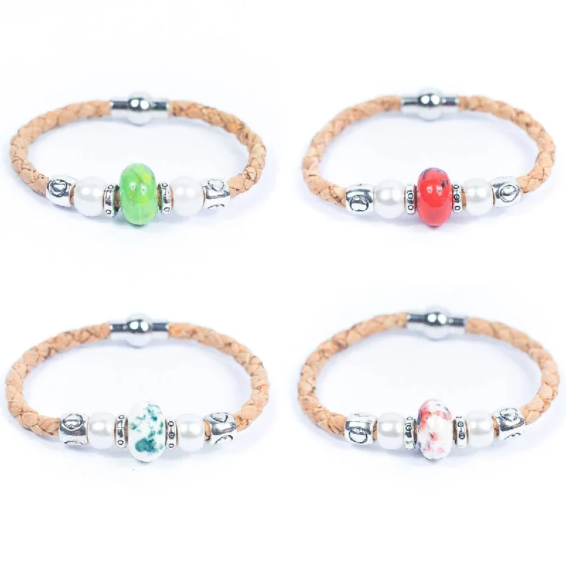 custom gemstone charm bangle bracelet-5mm round natural braided cork wire and colorful porcelain bracelet DBR-025-MIX-4