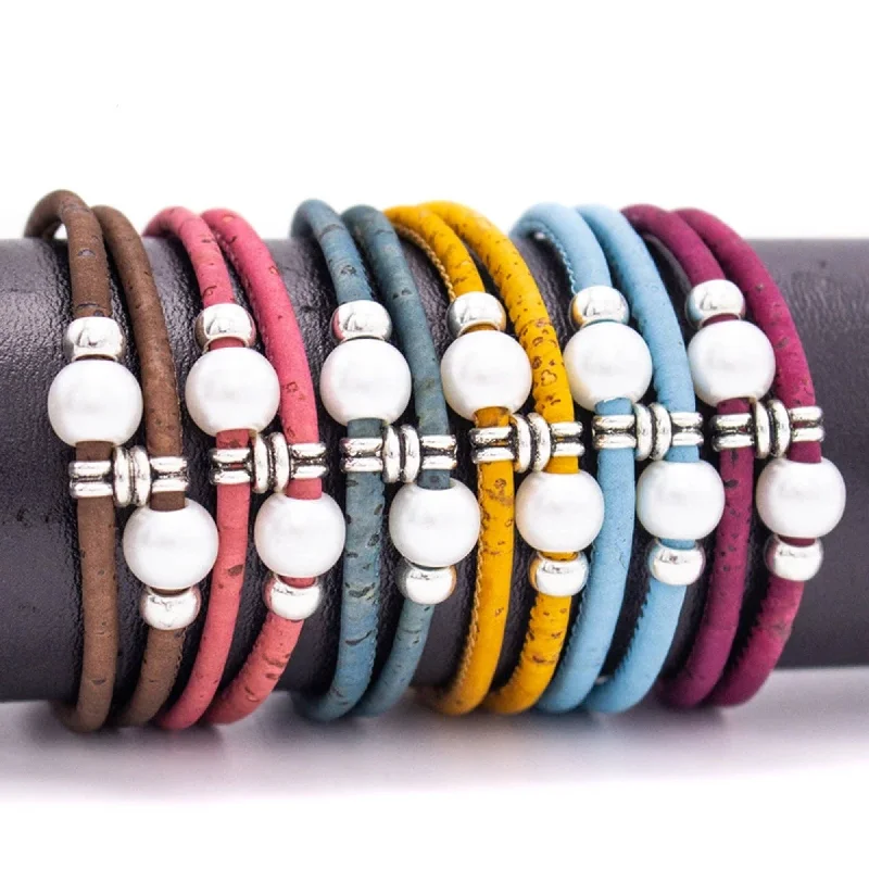 chic adjustable leather bracelet for men-Colorful cork with zamak and pearl beads handmade friendship bracelet BR-474-MIX-6