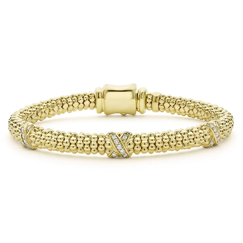 custom gold charm bracelet for weddings-Embrace 18K Gold Three Station X Diamond Caviar Bracelet | 6mm