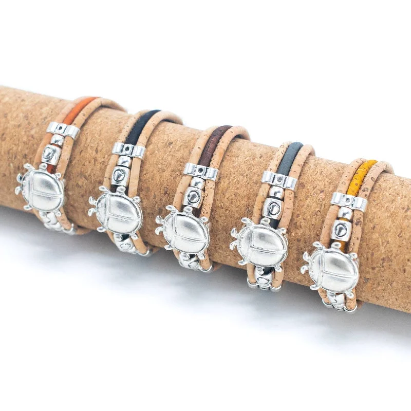 adjustable leather bracelet with engraved initials-Natural cork with beetle accessories handmade bracelet BR-300-MIX-5