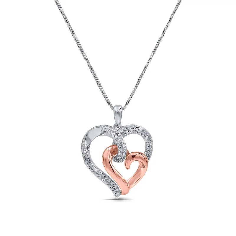 silver pendant necklace for girlfriend with engraved quote-1/10 CTW Diamond 18-inch Heart Pendant in 10KT Rose Gold Plated Sterling Silver