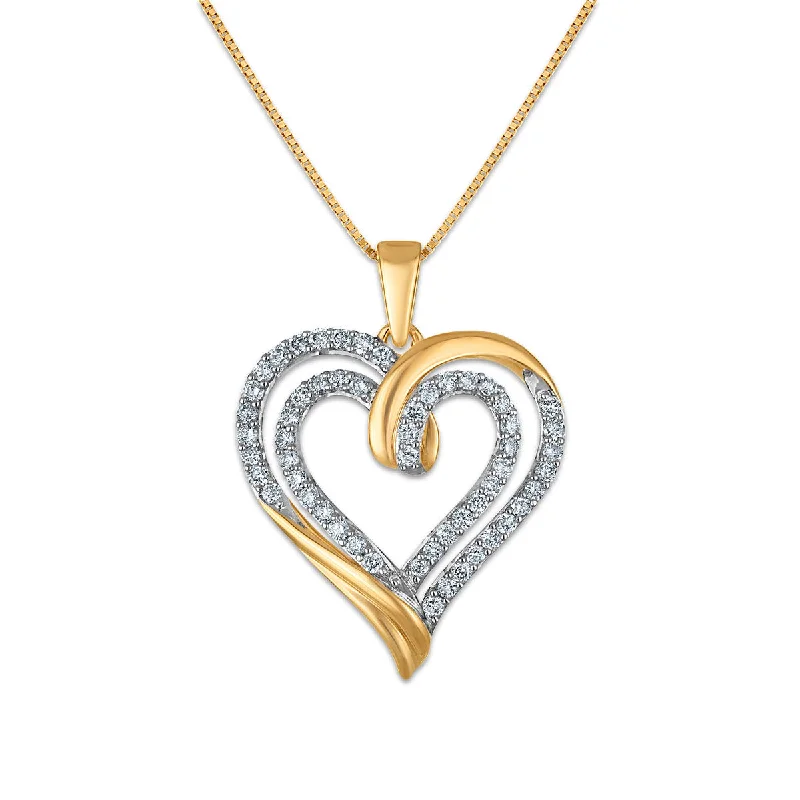 custom pendant necklace for men with engraving for birthday-1/2 CTW Diamond 18-inch Double Heart Pendant in 10KT Yellow Gold