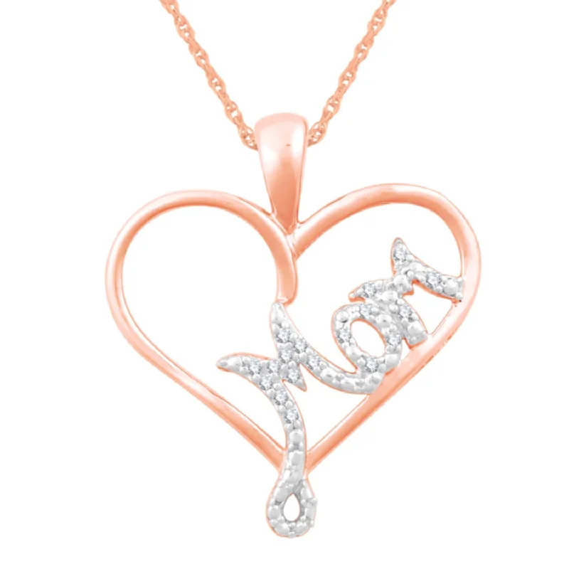 silver pendant necklace with family names and birthstone-1/20 CTW Diamond Heart Mom 18-inch Pendant in 10KT Rose Gold