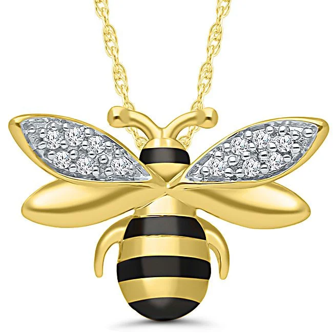 custom crystal charm pendant necklace for men-1/30 CTW Diamond Honey Bee Pendant in Gold Plated Sterling Silver