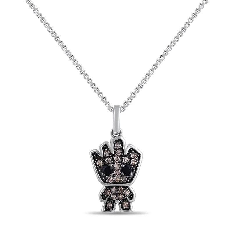 silver pendant necklace for anniversary with custom engraving-Marvel™ Fine Jewelry 1/5 CTW Champagne Diamond and Onyx Groot™ Pendant in Sterling Silver