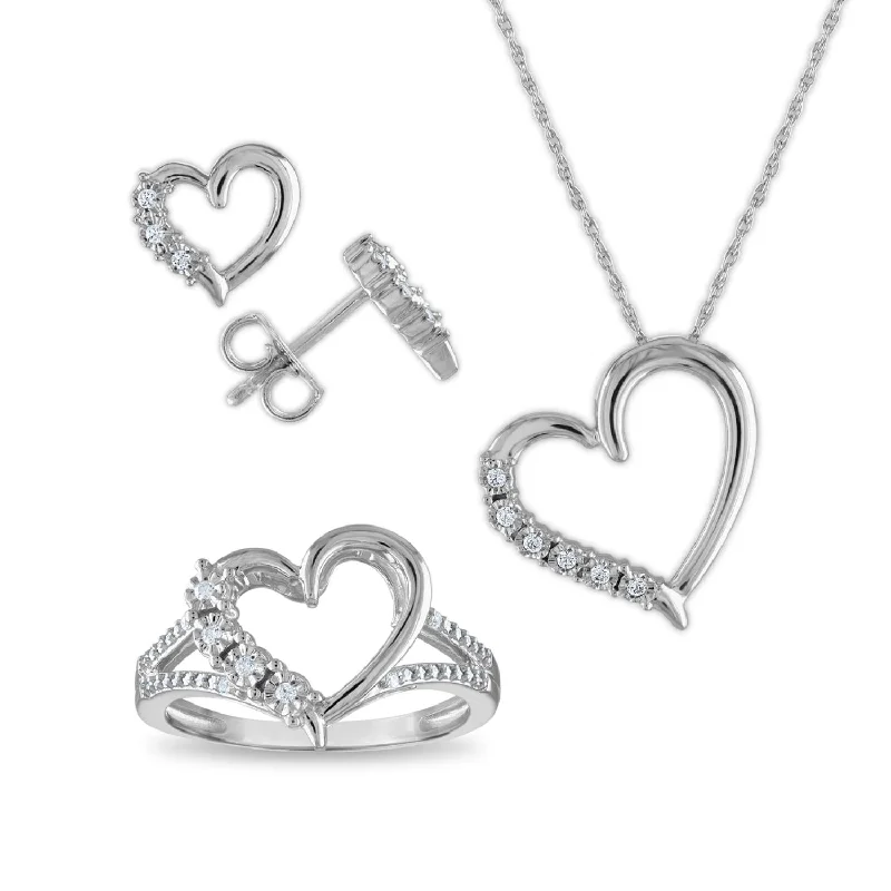 custom round pendant necklace with message for mom-1/6 CTW Diamond Heart Box Set Ring Earrings 18-inch Pendant in Sterling Silver