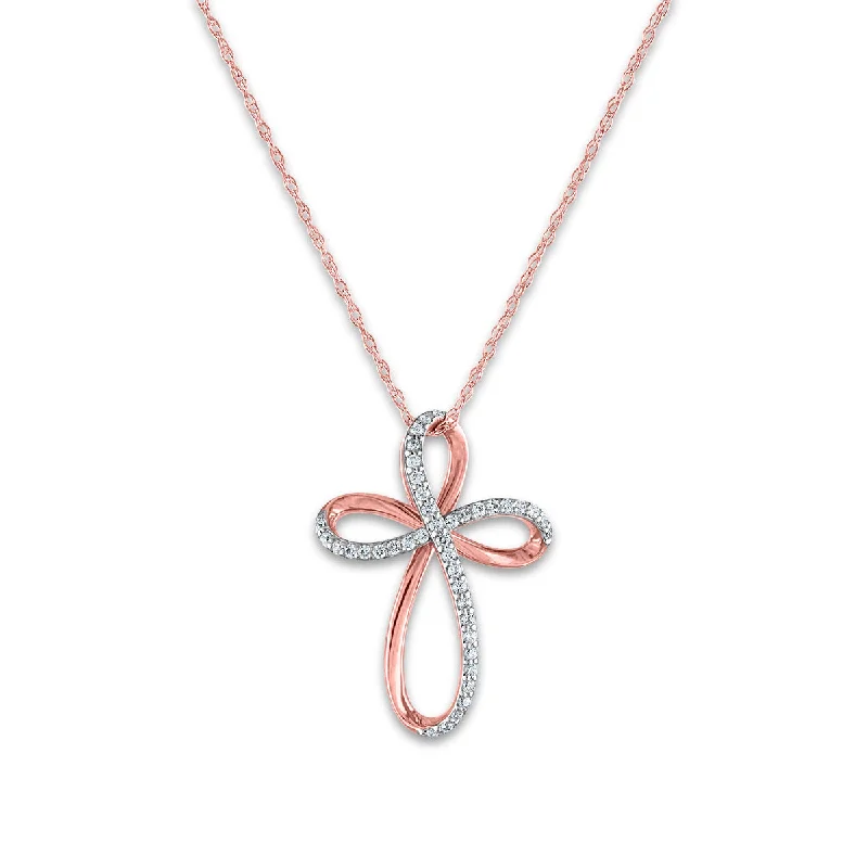 personalized letter pendant necklace for family members-10KT Rose Gold 1/8 CTW Round Diamond 20X15MM 18-inch Cross Pendant