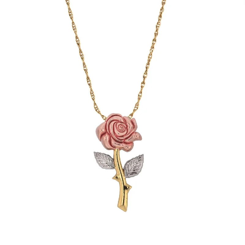 personalized pendant necklace with initials for birthday-10KT Tri-Color Gold Rose Flower Pendant