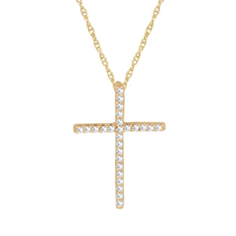 silver pendant necklace with engraved nameplate for mom-10KT Yellow Gold 1/10 CTW Diamond 23X16MM 18-inch Cross Pendant