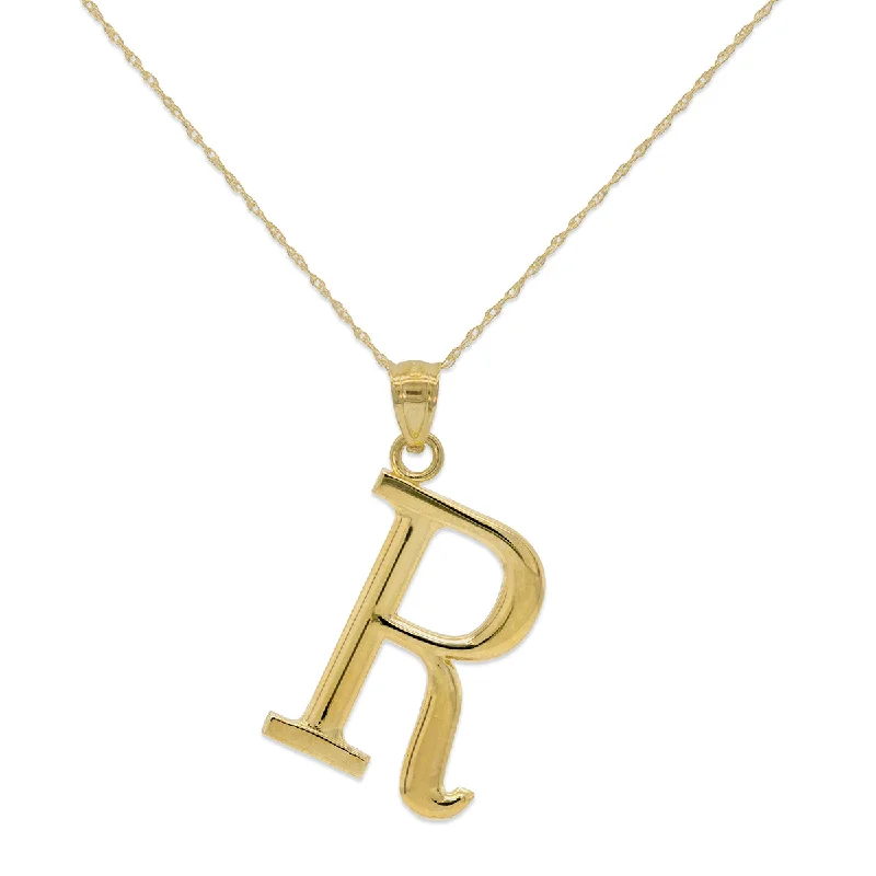 silver pendant necklace for family with personalized engraving-10KT Yellow Gold 18-inch 30MM Initial Pendant; Initial R