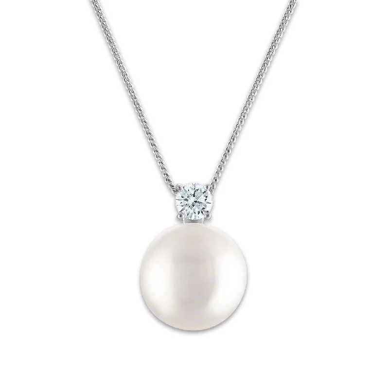 silver pendant necklace with meaningful engraving for dad-12MM Round Shell Pearl and Cubic Zirconia 18-inch Pendant in Sterling Silver