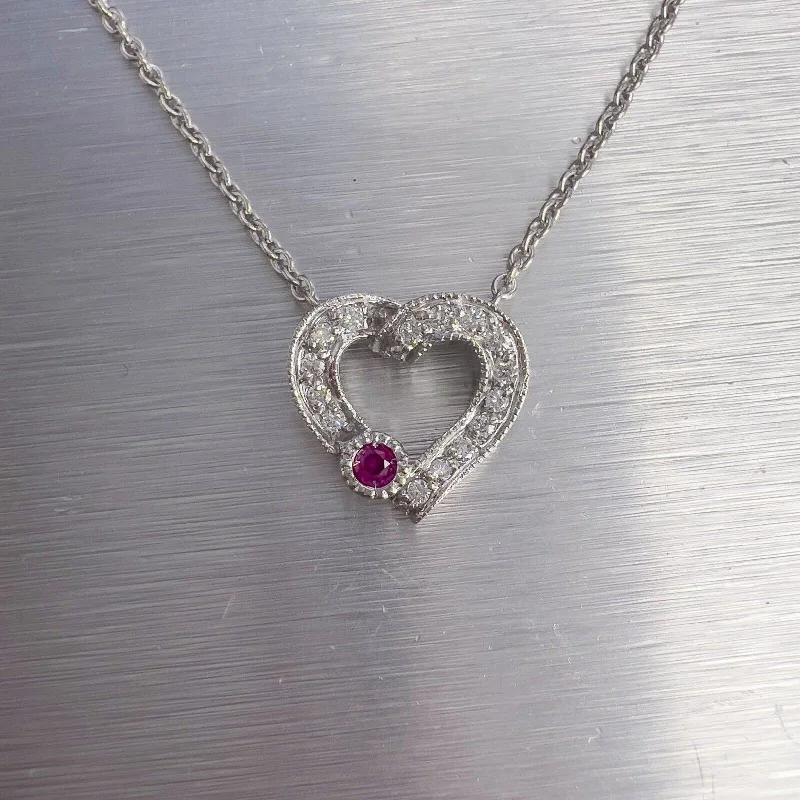 custom pendant necklace for couples with special message-14k White Gold Diamond 0.10ct Ruby Heart Pendant Necklace 0.15ctw G VS2 4.2g 17"