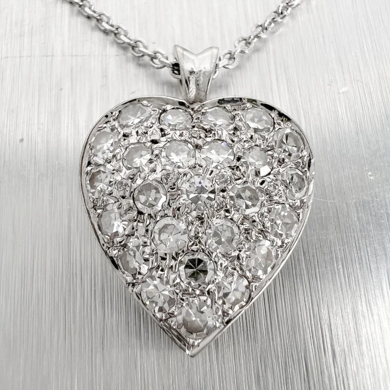 custom engraved name necklace for her-14k White Gold Single Cut Diamond Pave Heart Pendant Necklace 0.45ctw 16"