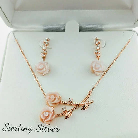 silver crystal pendant necklace for her with message-14KT Rose Gold Plated Sterling Silver Mother of Pearl and Cubic Zirconia 18-inch Flower 2-Piece Box Set Pendant