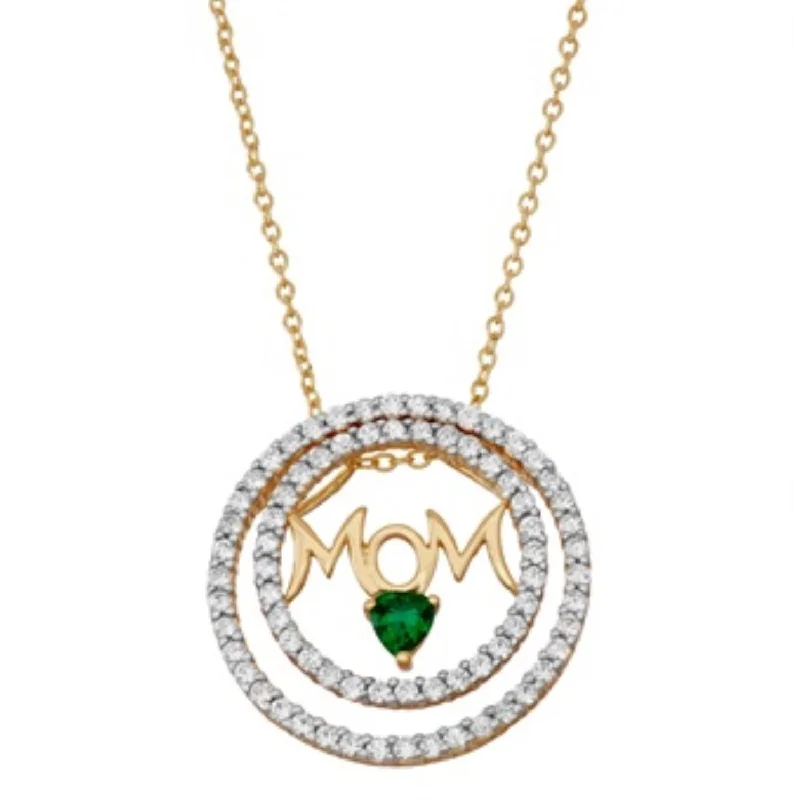 custom photo pendant necklace for family reunion-14KT Yellow Gold Plated Sterling Silver and Emerald 18-inch Mom Pendant