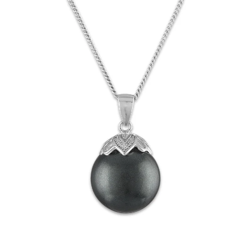 custom engraved charm pendant necklace with family names-14MM Round Shell Pearl Black 18-inch Pendant in Rhodium Plated Sterling Silver