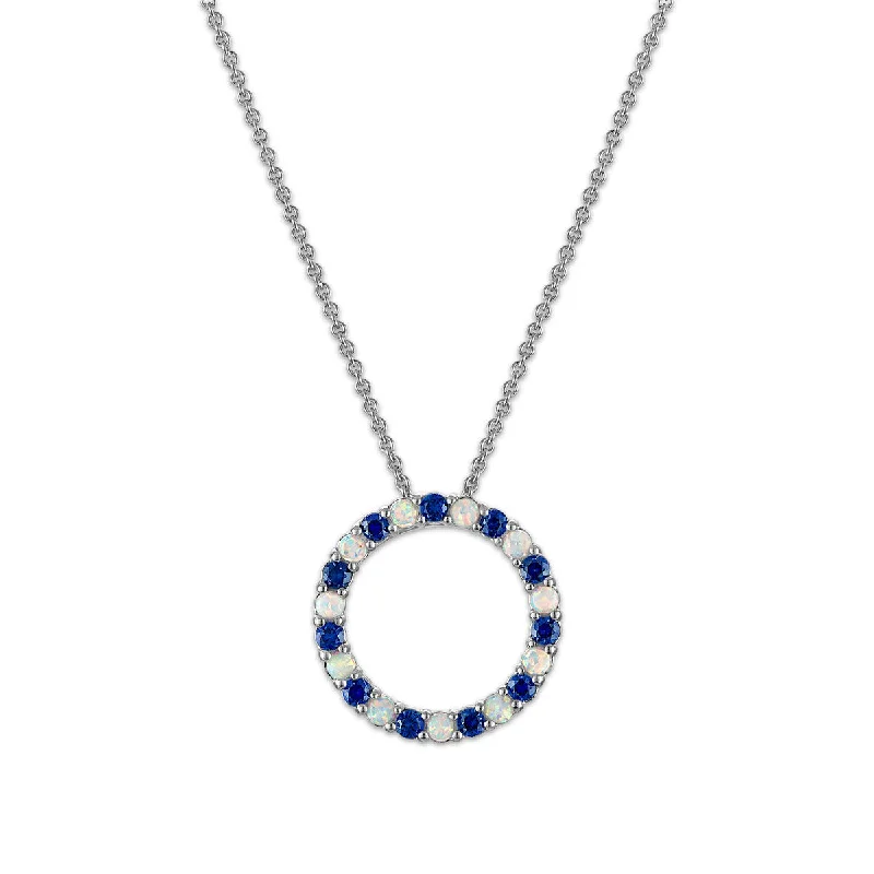 silver pendant necklace with family birthstone engraving-2MM Round Blue Sapphire and Opal 18-inch Circle Pendant in Rhodium Plated Sterling Silver