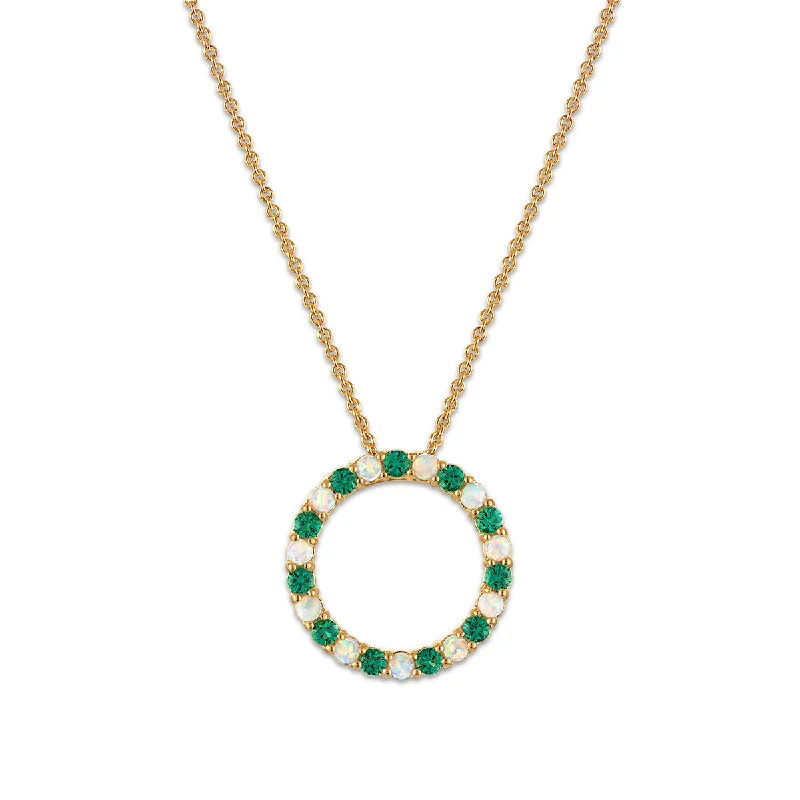 personalized silver pendant necklace for her birthday-2MM Round Emerald and Opal 18-inch Circle Pendant in Yellow Gold Plated Sterling Silver