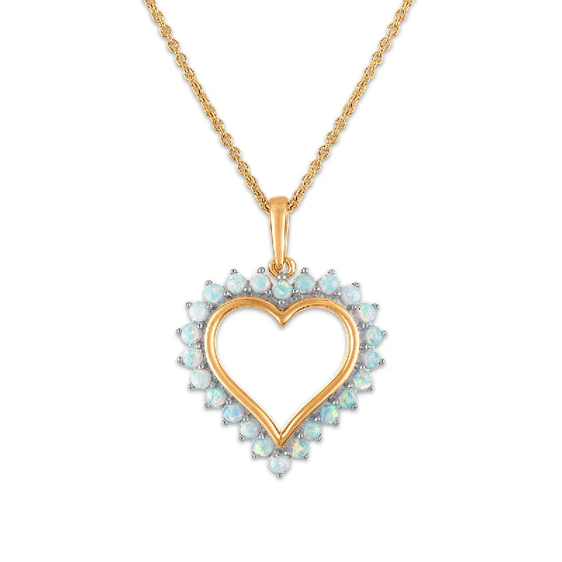 custom pendant necklace for couples with engraved hearts-2MM Round Opal 18-inch Heart Pendant in Yellow Gold Plated Sterling Silver