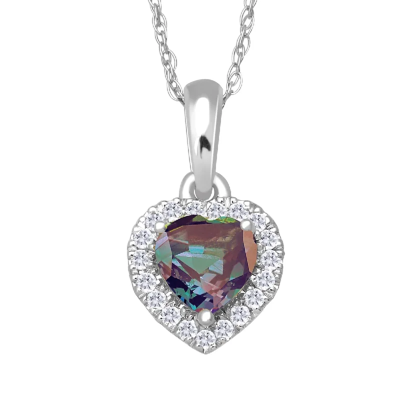 custom bar necklace for couples with engraved text-5MM Heart Shape Alexandrite and White Sapphire Birthstone Halo 18-inch Pendant in 10KT White Gold