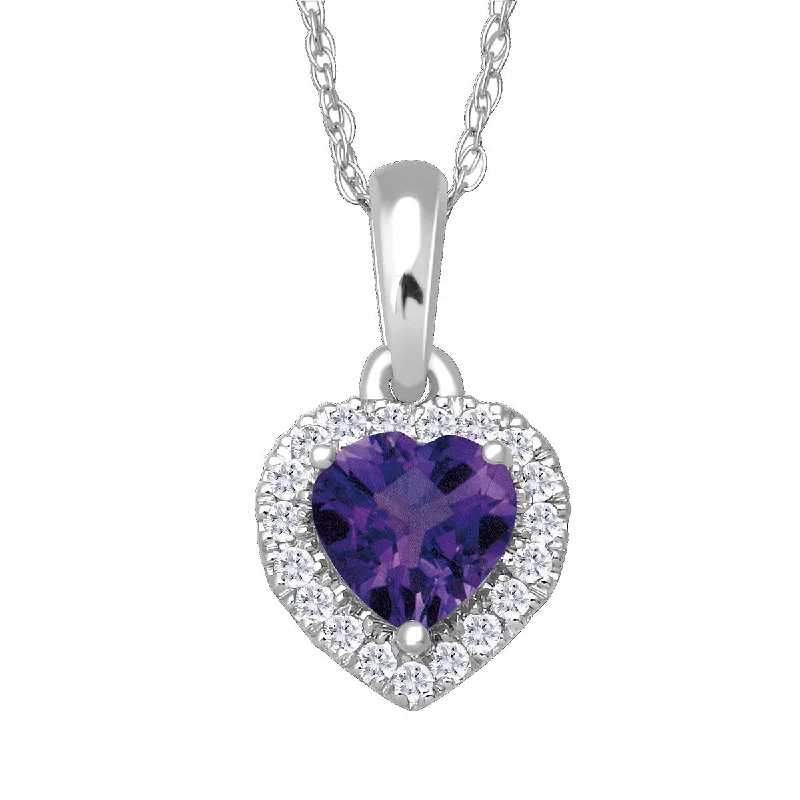 custom pendant necklace with family initials for couples-5MM Heart Shape Amethyst and White Sapphire Birthstone 18-inch Pendant in 10KT White Gold