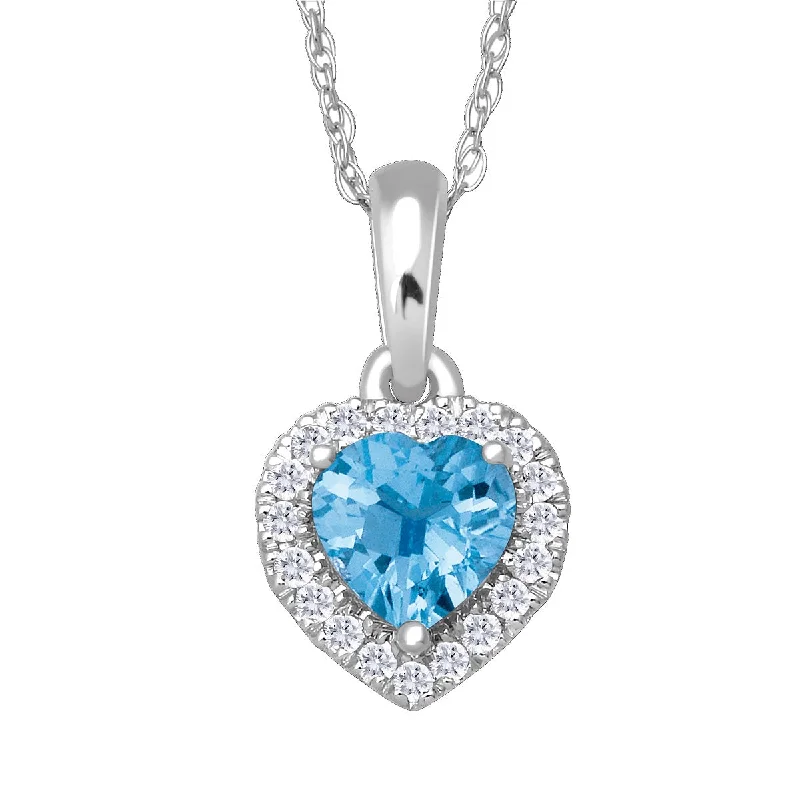 personalized pendant necklace with initials and birthstone-5MM Heart Shape Blue Topaz and White Sapphire Birthstone Halo 18-inch Pendant in 10KT White Gold