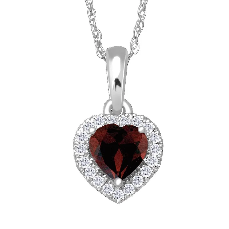 personalized pendant necklace with message for mom’s birthday-5MM Heart Shape Garnet and White Sapphire Birthstone 18-inch Pendant in 10KT White Gold