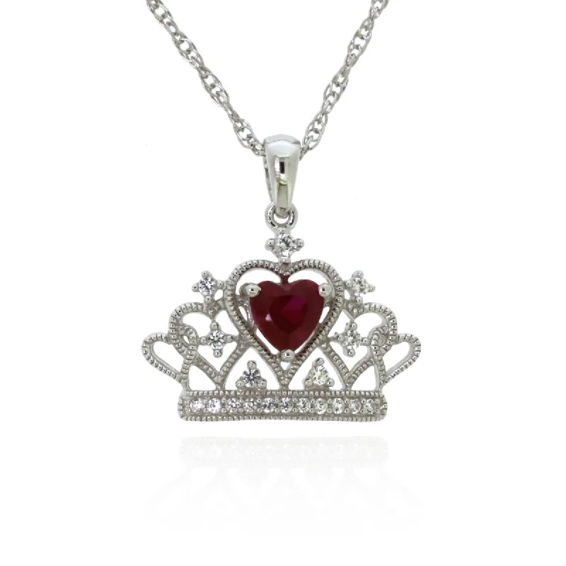 personalized necklace with message for wedding anniversary-5MM Heart Shape Ruby and White Sapphire 18-inch Pendant in Sterling Silver