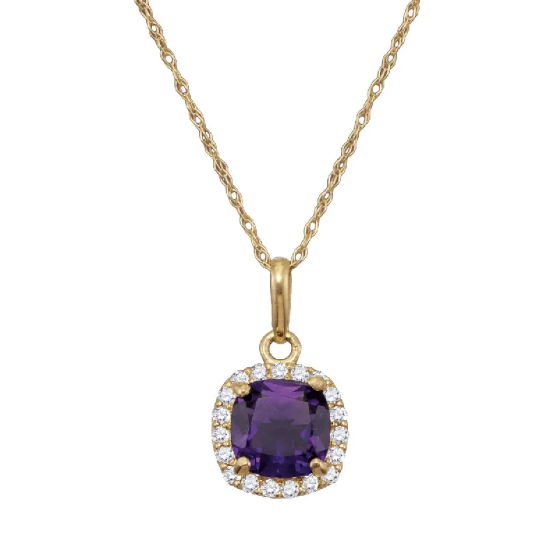 custom bar pendant necklace for anniversary-6MM Cushion Amethyst and White Sapphire Birthstone 18-inch Pendant in 10KT Yellow Gold