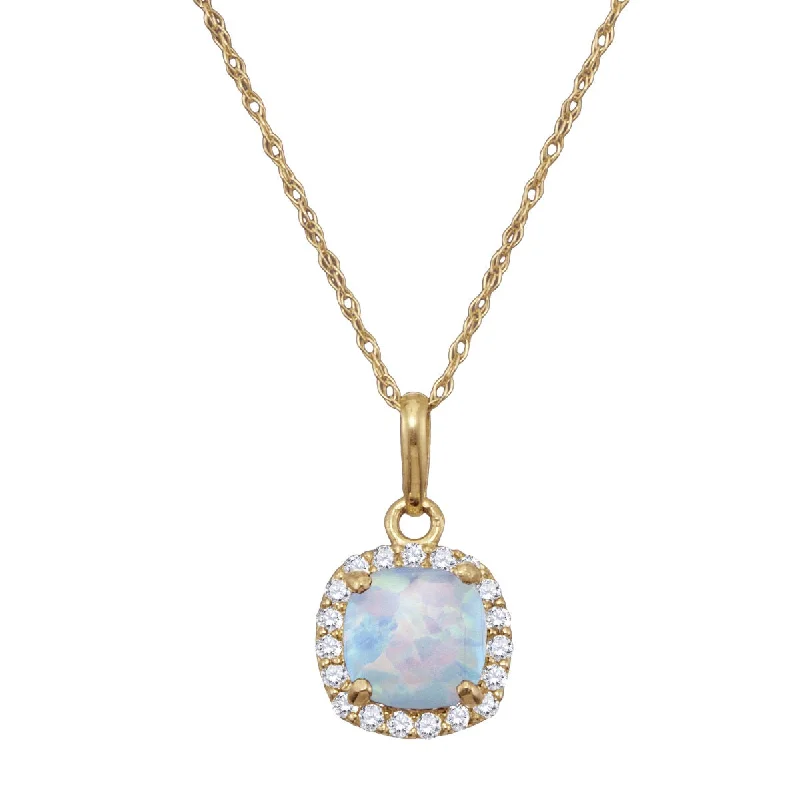 personalized pendant necklace with message for mom’s birthday-6MM Cushion Opal and White Sapphire Birthstone Halo 18-inch Pendant in 10KT Yellow Gold