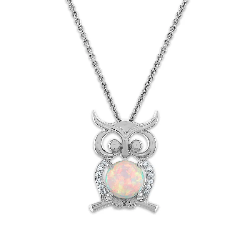 silver heart-shaped pendant necklace for wife with engraving-7MM Round Opal and White Sapphire Owl 18-inch Pendant in Sterling Silver