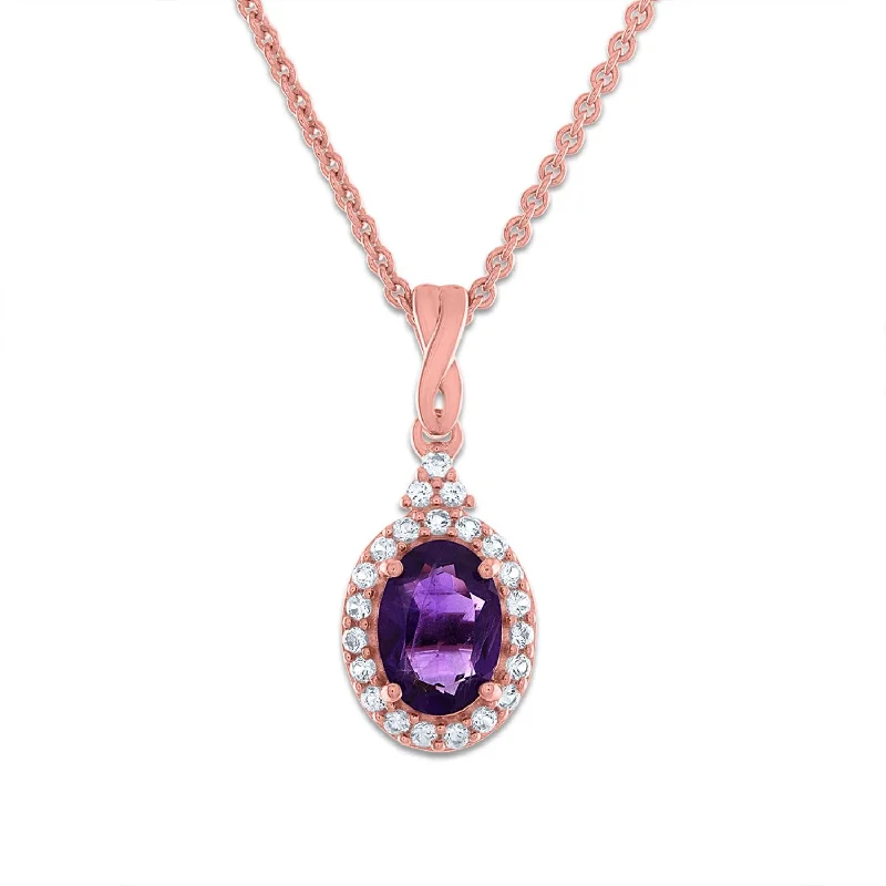 custom pendant necklace for best friend with engraving-7X5MM Oval Amethyst and Sapphire Birthstone Halo 18-inch Pendant in 10KT Rose Gold