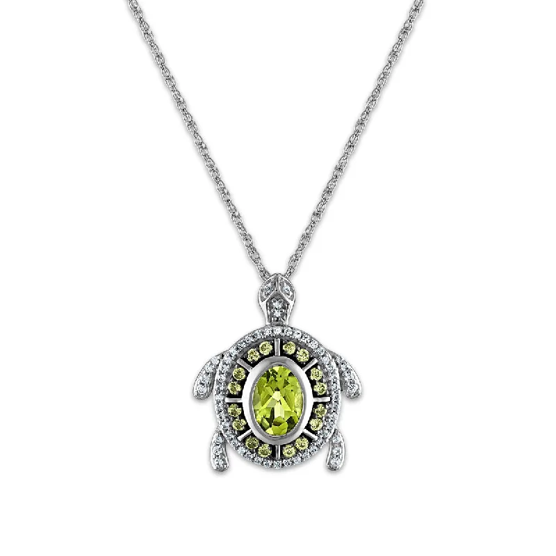 silver pendant necklace with custom family initials for dad-7X5MM Oval Peridot and White Sapphire Fashion Turtle 18-inch Pendant in Rhodium Plated Sterling Silver