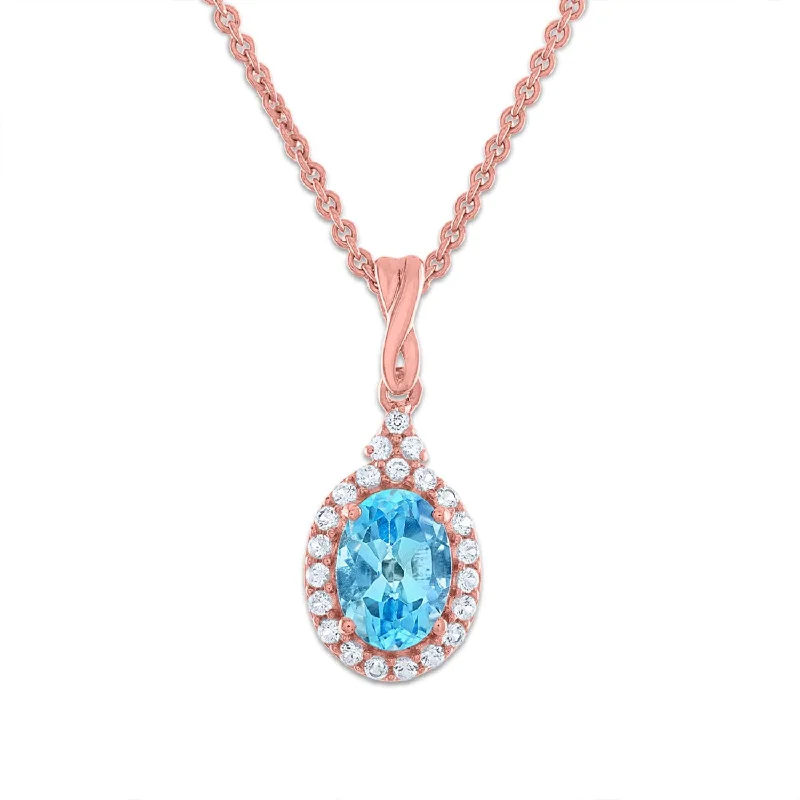 custom pendant necklace for kids with engraving-7X5MM Oval Swiss Blue Topaz and Sapphire Birthstone Halo 18-inch Pendant in 10KT Rose Gold