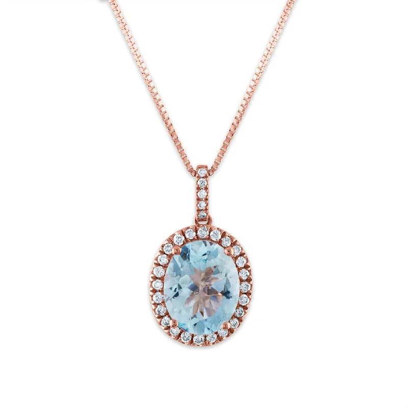 custom pendant necklace with letter engraving for him-9X7MM Oval Aquamarine and Diamond Halo 18-inch Pendant in 14KT Rose Gold