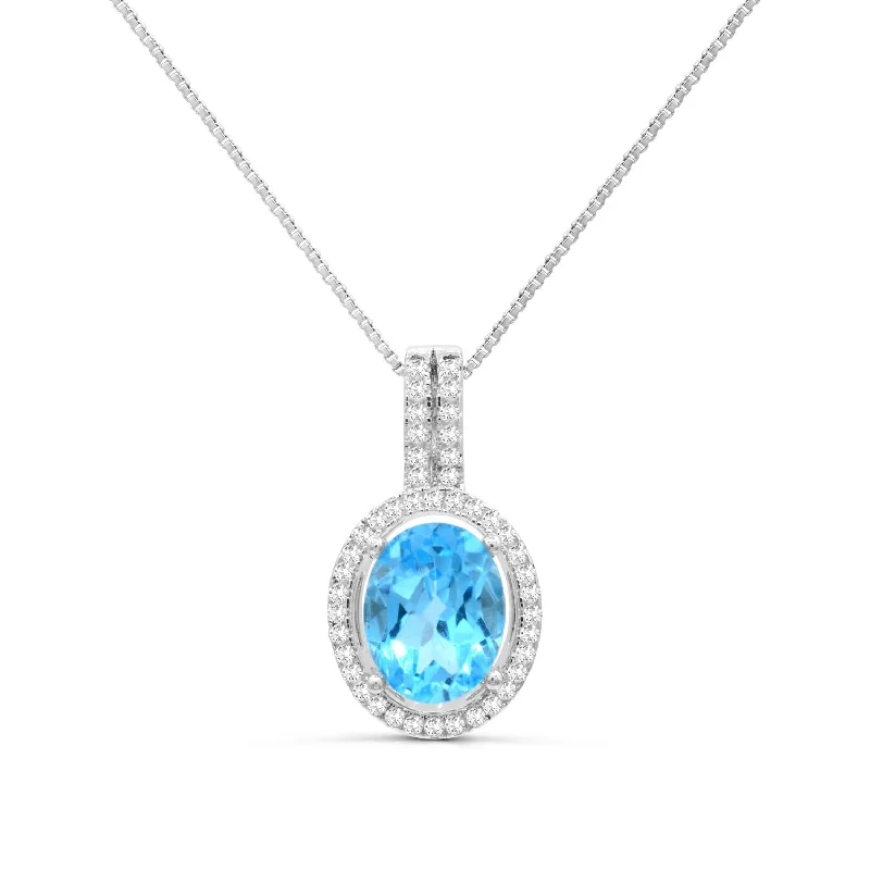 personalized pendant necklace with inspirational text for her-9X7MM Oval Blue Topaz and White Topaz Halo 18-inch Pendant in Sterling Silver