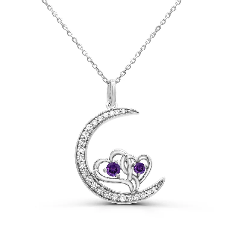 personalized gemstone bar pendant for couples-Amethyst and White Sapphire 18-inch Heart Moon Pendant in Sterling Silver