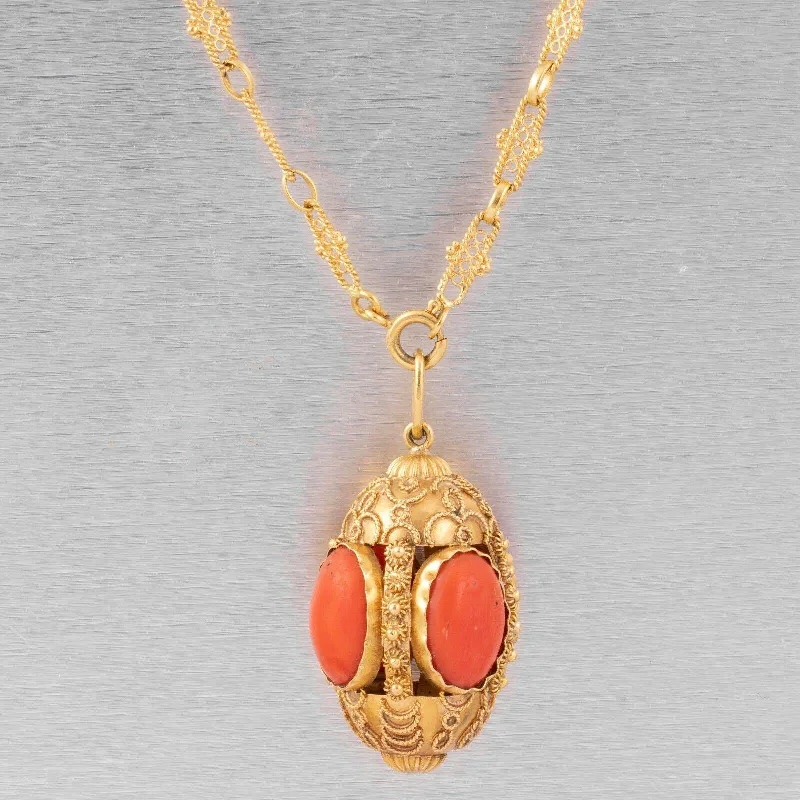 custom pendant necklace for best friend with photo charm-Antique Victorian Etruscan Revival 18k Yellow Gold Coral Pendant Necklace 36.5"