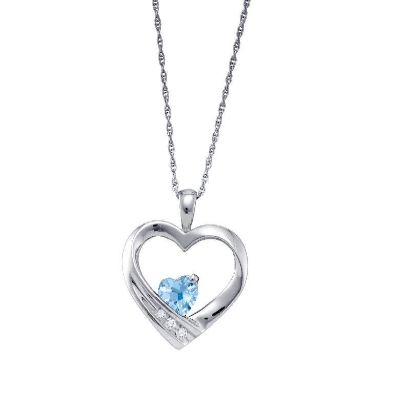 personalized pendant necklace for mom with heart charm-Aquamarine and Diamond Birthstone Heart 18-inch Pendant in Sterling Silver