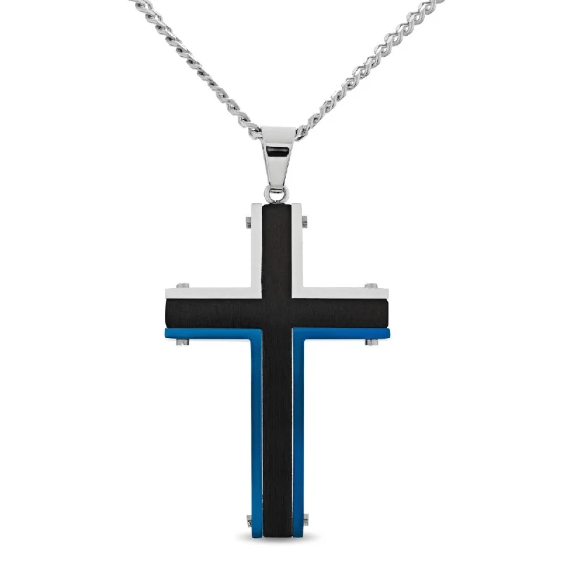 custom bar necklace with message for anniversary gift-Black and Blue Stainless Steel 24-inch Cross Pendant