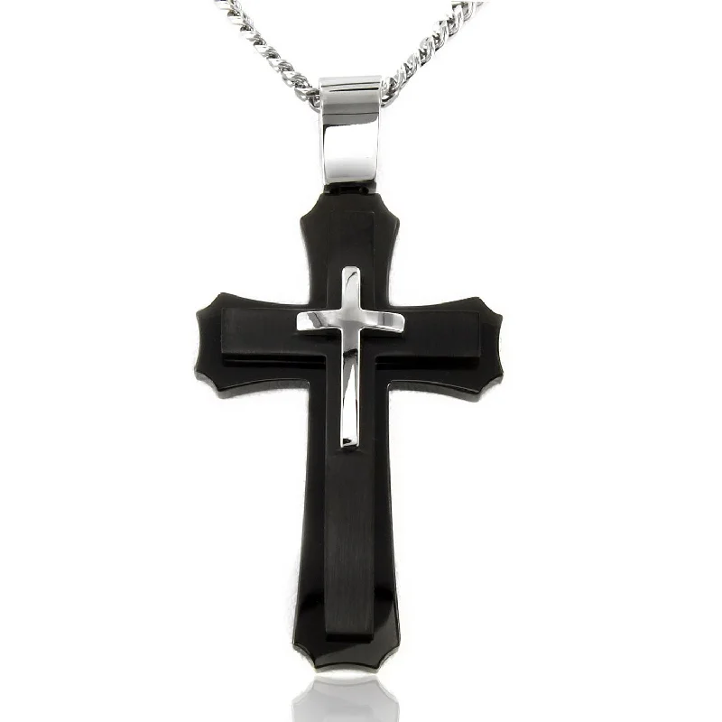 custom letter charm pendant necklace for wedding-Black Stainless Steel 24-inch Cross Pendant