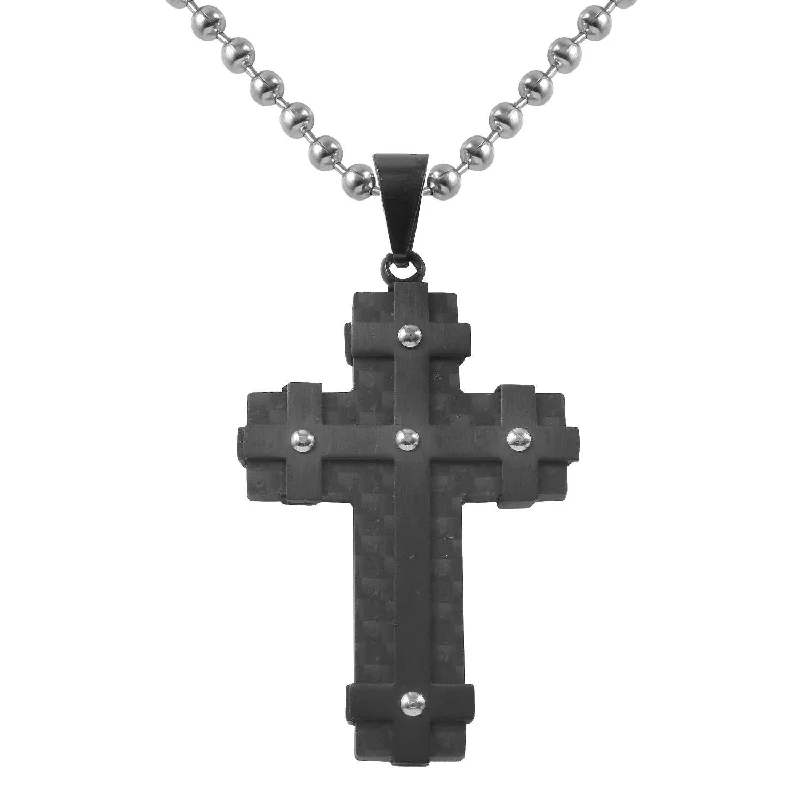 silver pendant necklace for family with personalized engraving-Black Stainless Steel 24-inch Cross with Carbon Fiber Inlay Pendant