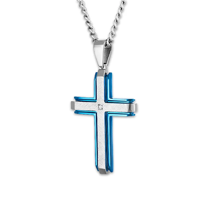 gold pendant necklace with custom message for anniversary-Blue Stainless Steel 1/50 CTW Diamond 60X32MM 24-inch Cross Pendant