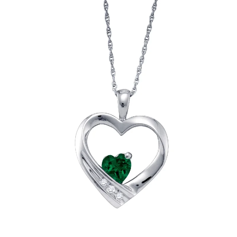 gold pendant necklace for girlfriend with initials engraving-Created Emerald and Diamond 18-inch Heart Pendant in Sterling Silver