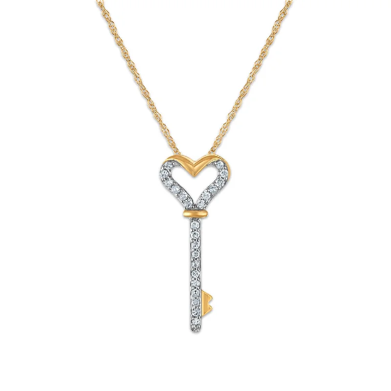 silver pendant necklace for family with personalized engraving-Diamond Accent 18-inch Heart Key Pendant in 10KT Yellow Gold