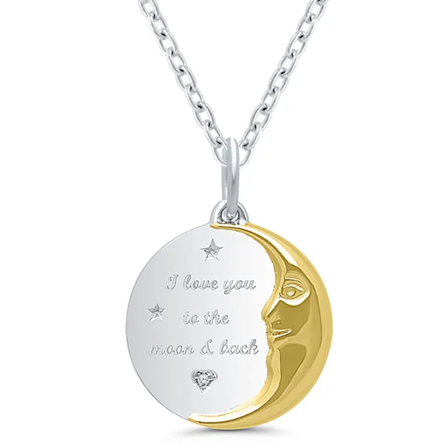 silver pendant necklace with engraved quote for her-Diamond I Love You To The Moon And Back Pendant in Gold Plated Sterling Silver