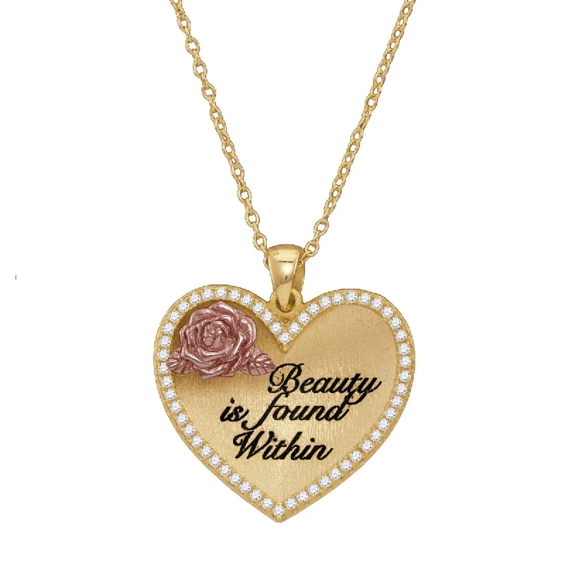 gold pendant necklace with name and birthstone for her-Disney 14KT Yellow Gold Plated Sterling Silver and Cubic Zirconia 18-inch Beauty is Found Within Pendant