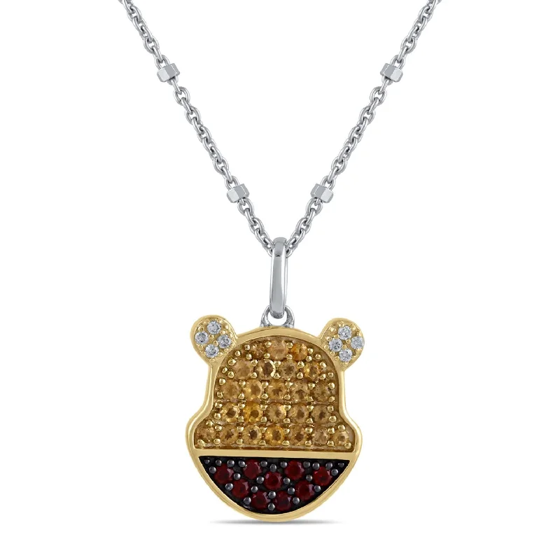 personalized bar pendant necklace with family names and dates-Disney Jewels Citrine, Garnet and Diamond Winnie The Pooh Pendant in Sterling Silver