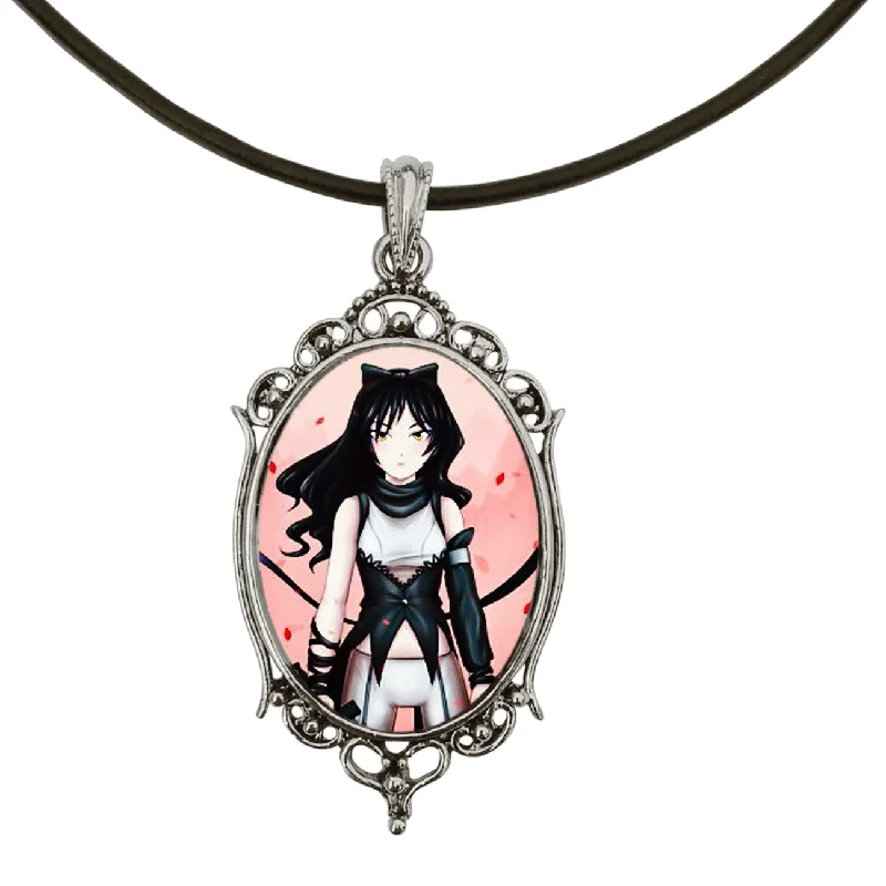 silver pendant necklace with date engraving for anniversary-Blake from RWBY Anime Antique Silver Cameo Pendant on 18" Black Leather Cord Necklace