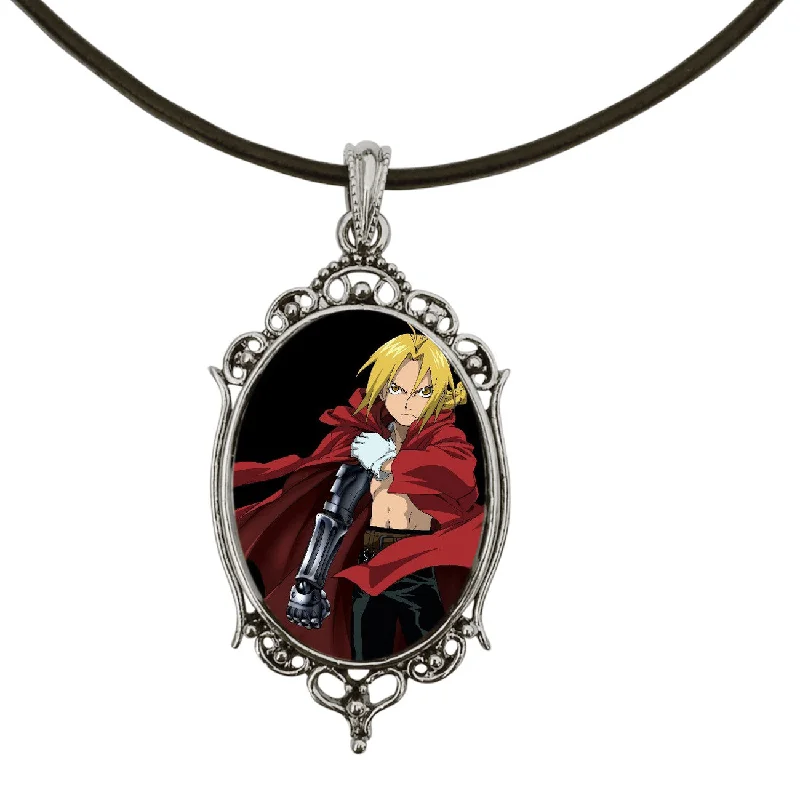 gold pendant necklace for mom with family initials-Edward Fullmetal Alchemist Anime Antique Silver Cameo Pendant on 18" Black Leather Cord Necklace